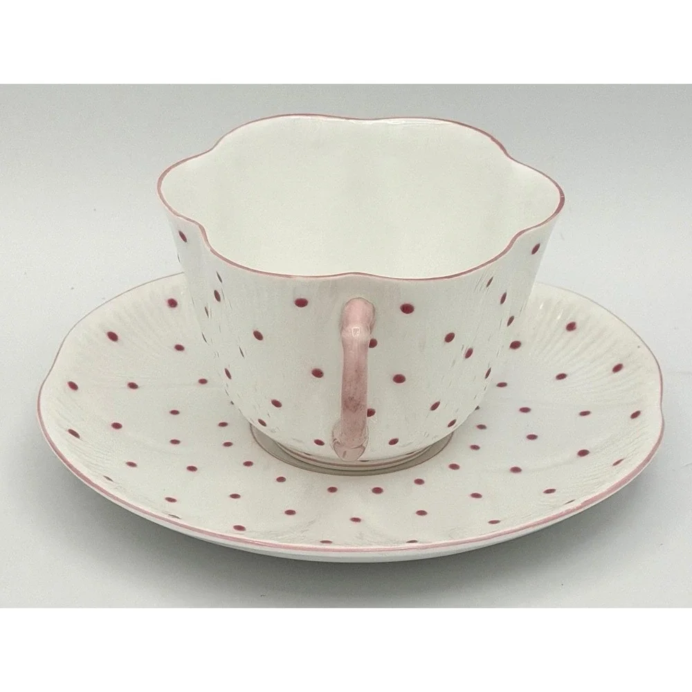 Shelley England Tea Cup Saucer Set White Pink Polka Dots Fine Bone China EUC